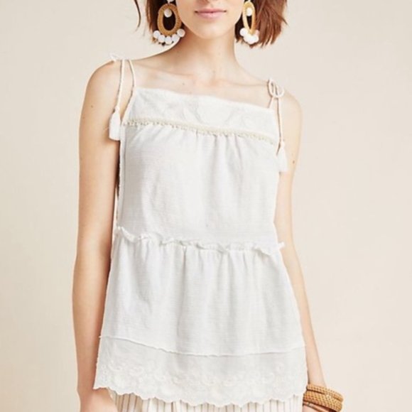 Anthropologie Tops - Anthropologie White Embroidered Tie-Detail Tank